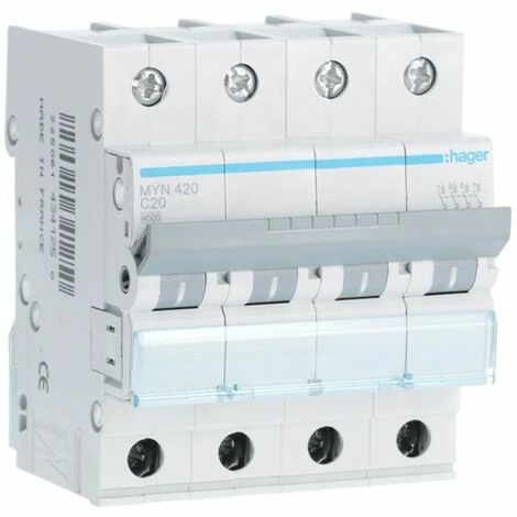 Aktion ❤️ Leistungsschalter 4P Hager 20A 4,5 KA C 4 Module MYN420 👍 1 Aktion ❤️ Leistungsschalter 4P Hager 20A 4,5 KA C 4 Module MYN420 👍